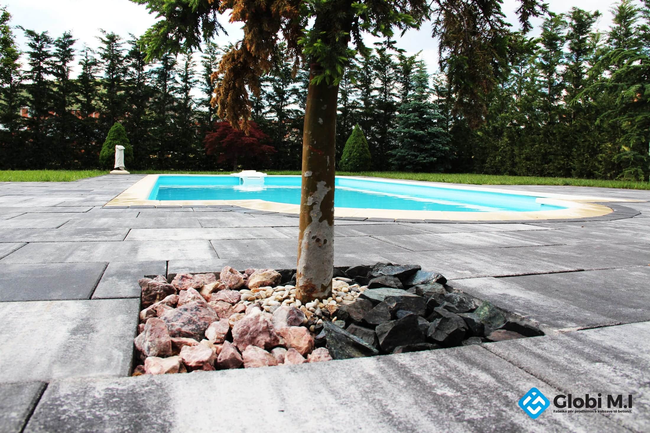 Tree in a bed of stones left open within the paved surface.