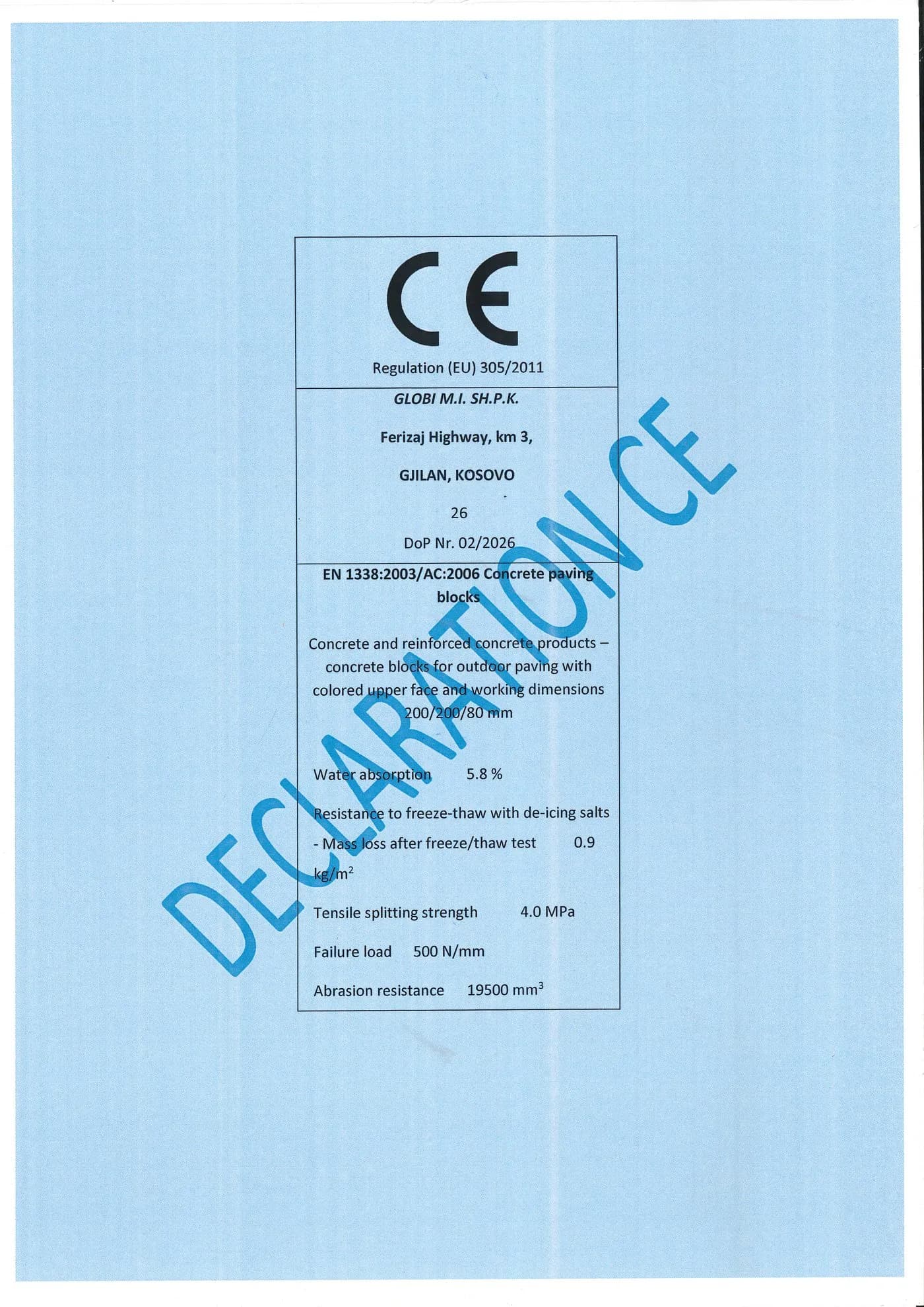 Faqja e parë e dokumentit nr. 02/2026 (EN 1338:2003/AC:2006), siç është skanuar.