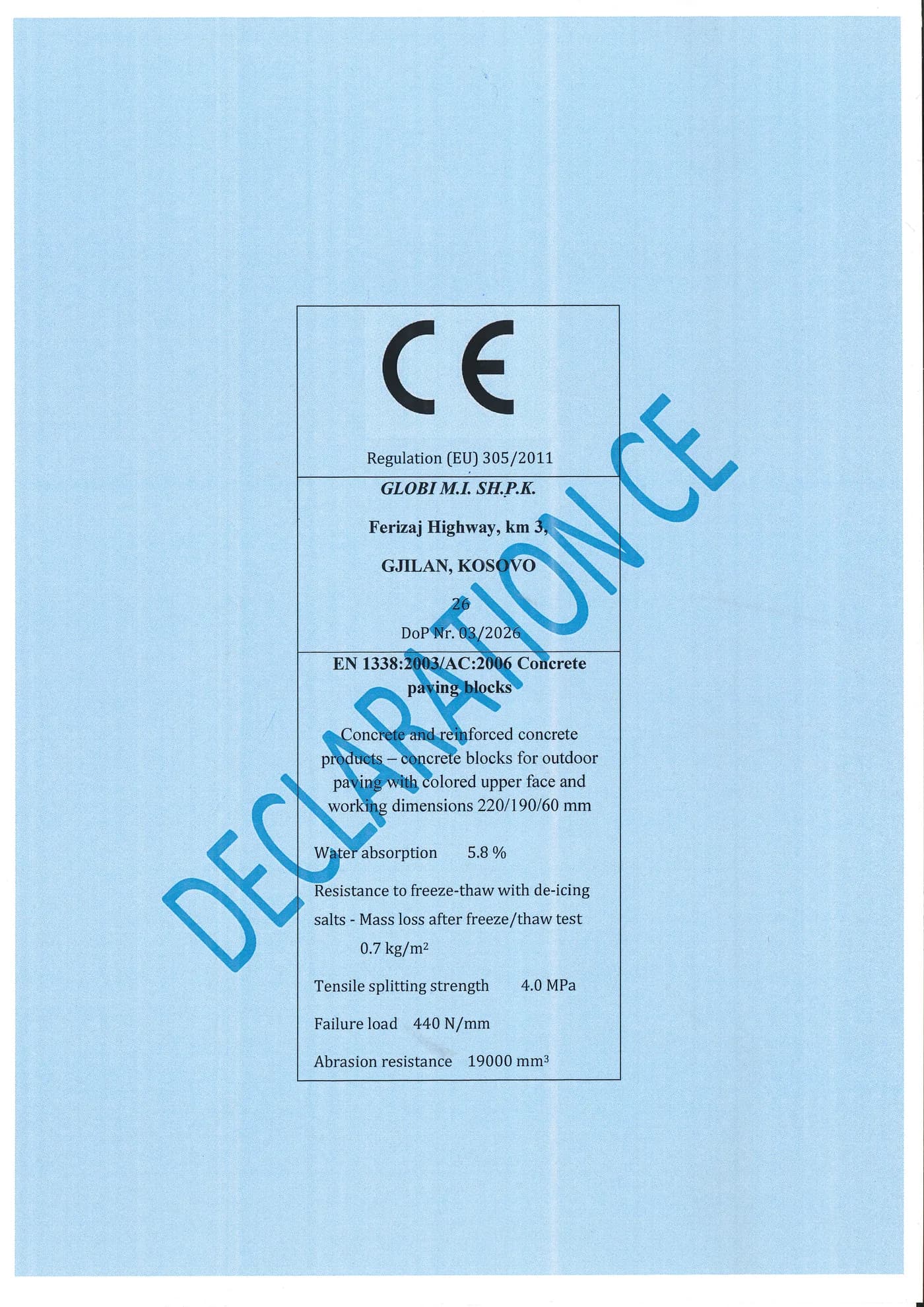 Faqja e parë e dokumentit nr. 03/2026 (EN 1338:2003/AC:2006), siç është skanuar.