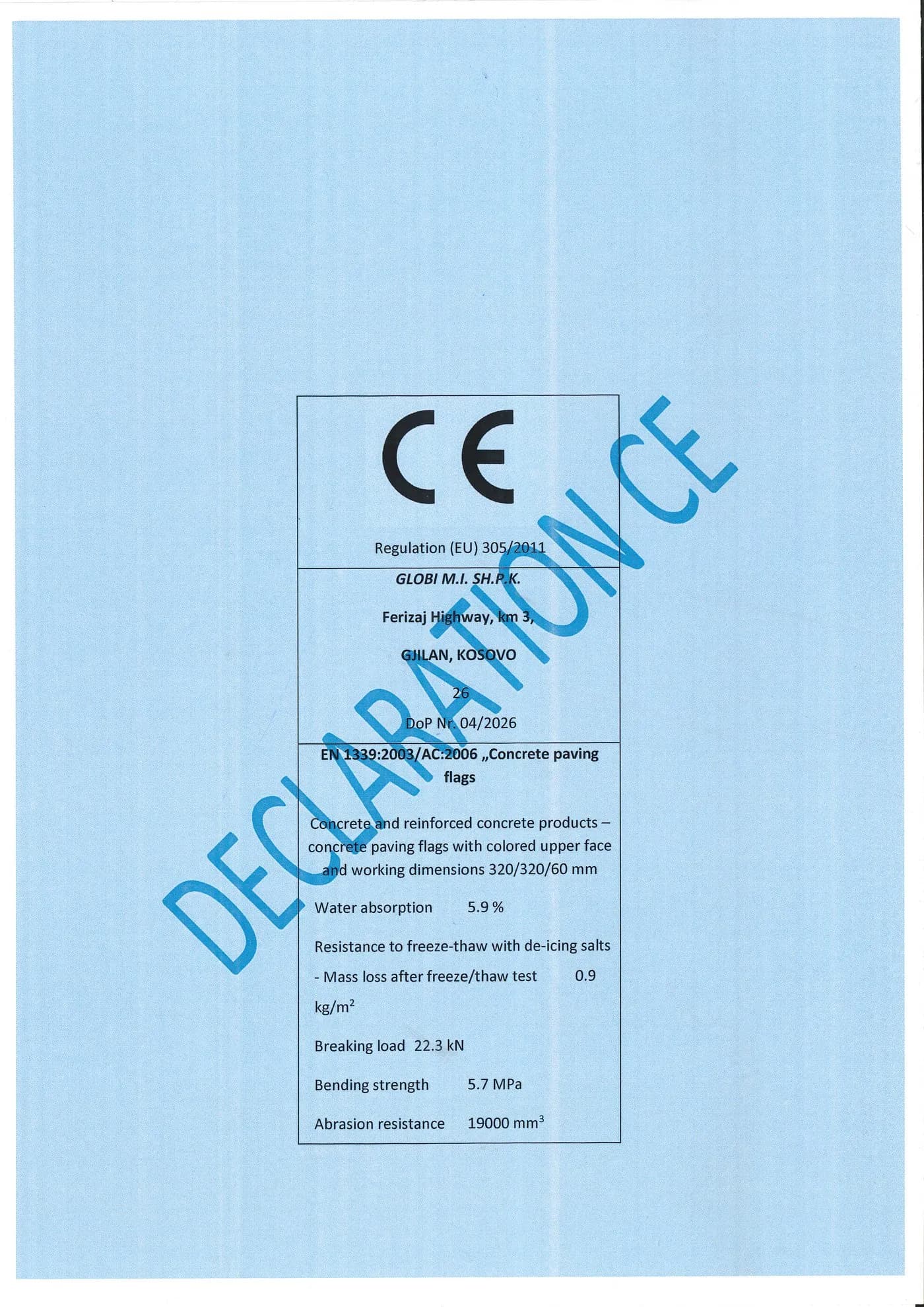 Faqja e parë e dokumentit nr. 04/2026 (EN 1339:2003/AC:2006), siç është skanuar.
