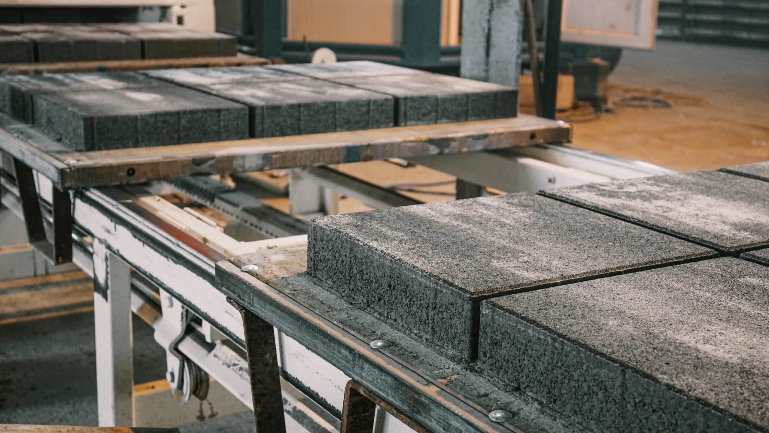 Finished concrete slabs on the roller conveyor